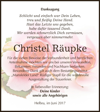 Traueranzeige von Christel Räupke von Wochenspiegel Mansfelder Land