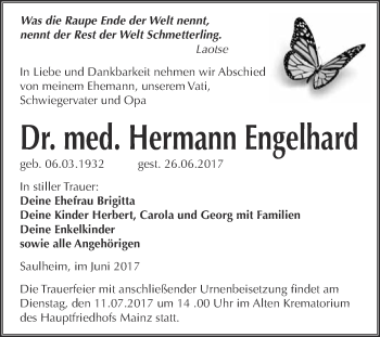 Traueranzeige von Hermann Engelhard von Super Sonntag Merseburg