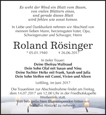 Traueranzeige von Roland Rösinger von Mitteldeutsche Zeitung Weißenfels