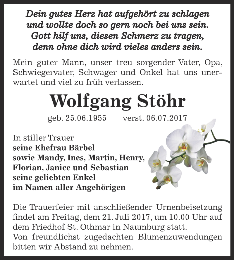  Traueranzeige für Wolfgang Stöhr vom 12.07.2017 aus WVG - Wochenspiegel NMB / WSF / ZTZ