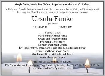 Traueranzeige von Ursula Funke von Wochenspiegel Mansfelder Land