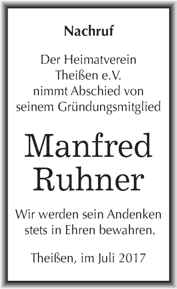 Traueranzeige von Manfred Ruhner von Super Sonntag Zeitz