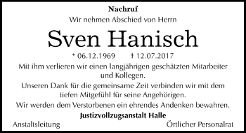 Traueranzeige von Sven Hanisch von Mitteldeutsche Zeitung Mansfelder Land