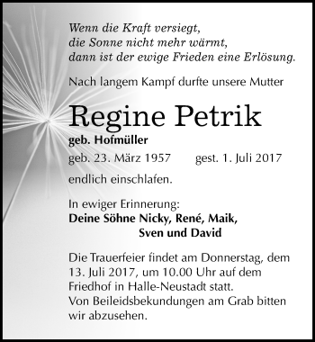 Traueranzeige von Regine Petrik von Mitteldeutsche Zeitung Halle/Saalkreis