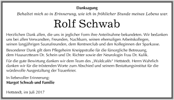 Traueranzeige von Rolf Schwab von Mitteldeutsche Zeitung Mansfelder Land