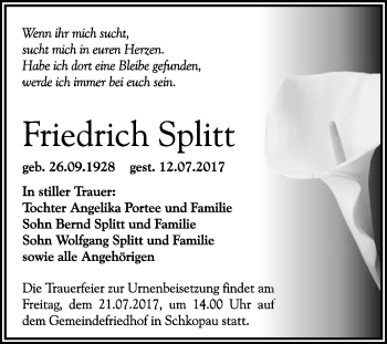 Traueranzeige von Friedrich Splitt von Super Sonntag Merseburg