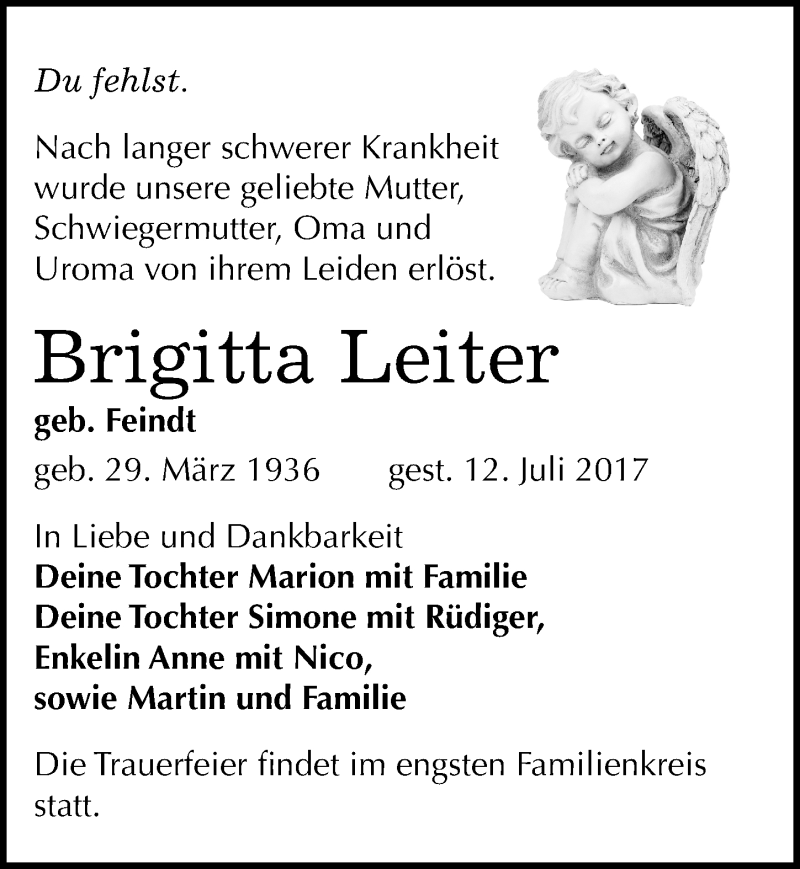 Traueranzeige für Brigitta Leiter vom 22.07.2017 aus Mitteldeutsche Zeitung Halle/Saalkreis
