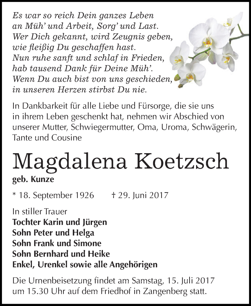  Traueranzeige für Magdalena Koetzsch vom 08.07.2017 aus Super Sonntag Zeitz