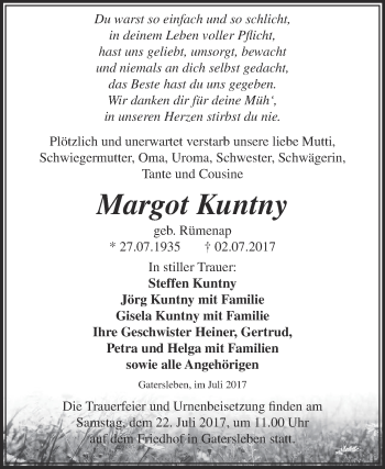 Traueranzeige von Margot Kuntny von Super Sonntag Aschersleben