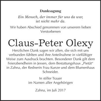 Traueranzeige von Claus Peter Olexy von Super Sonntag Wittenberg