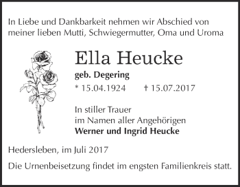 Traueranzeige von Ella Heucke von WVG - Wochenspiegel Quedlinburg
