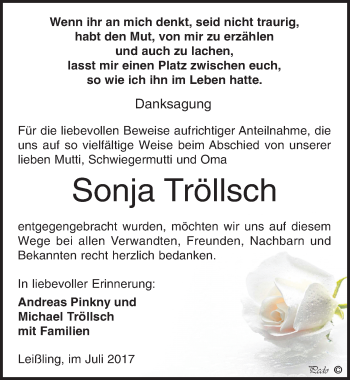 Traueranzeige von Sonja Tröllsch von Mitteldeutsche Zeitung Weißenfels