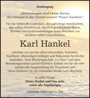 Traueranzeige von Karl Hankel von Mitteldeutsche Zeitung Mansfelder Land