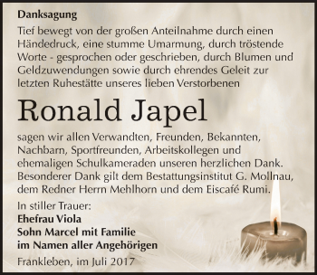 Traueranzeige von Ronald Japel von Mitteldeutsche Zeitung Merseburg/Querfurt