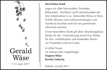 Traueranzeige von Gerald Wäse von WVG - Wochenspiegel Dessau / Köthen