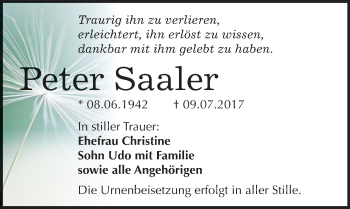 Traueranzeige von Peter Saaler von Mitteldeutsche Zeitung Bitterfeld
