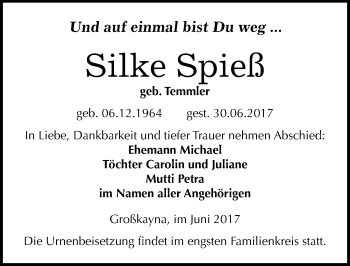 Traueranzeige von Silke Spieß von Mitteldeutsche Zeitung Merseburg/Querfurt