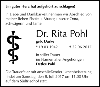 Traueranzeige von Rita Pohl von Mitteldeutsche Zeitung Halle/Saalkreis