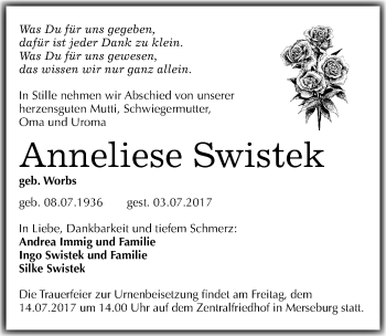 Traueranzeige von Anneliese Swistek von Mitteldeutsche Zeitung Merseburg/Querfurt