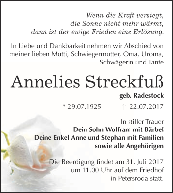 Traueranzeige von Annelies Streckfuß von WVG - Wochenspiegel Bitterfeld