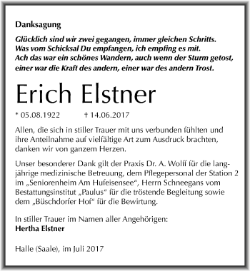 Traueranzeige von Erich Elstner von Mitteldeutsche Zeitung Halle/Saalkreis