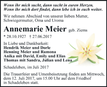 Traueranzeige von Annemarie Meier von Mitteldeutsche Zeitung Aschersleben
