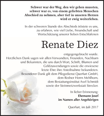Traueranzeige von Renate Diez von WVG - Wochenspiegel Merseburg