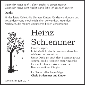 Traueranzeige von Heinz Schlemmer von WVG - Wochenspiegel Bitterfeld