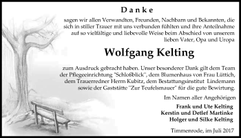 Traueranzeige von Wolfgang Kelting von Mitteldeutsche Zeitung Quedlinburg