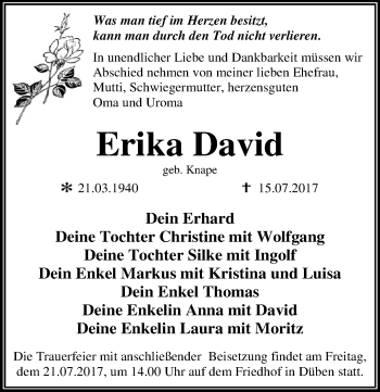 Traueranzeige von Erika David von Mitteldeutsche Zeitung Wittenberg