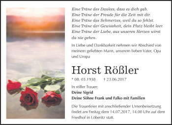 Traueranzeige von Horst Rößler von WVG - Wochenspiegel Bitterfeld