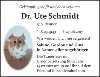 Traueranzeige von Ute Schmidt von WVG - Wochenspiegel Bitterfeld
