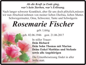 Traueranzeige von Rosemarie Fischer von Mitteldeutsche Zeitung Quedlinburg