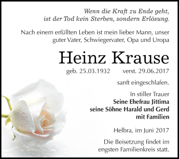 Traueranzeige von Heinz Krause von Wochenspiegel Mansfelder Land