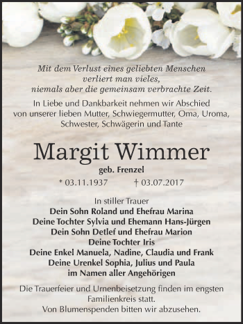 Traueranzeige von Margit Wimmer von WVG - Wochenspiegel Bitterfeld