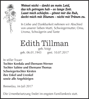 Traueranzeige von Edith Tillman von Super Sonntag Bernburg