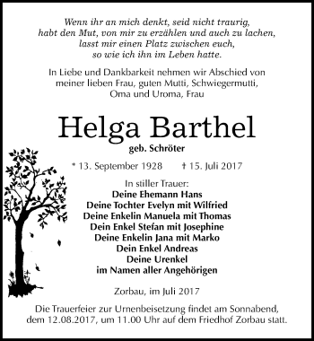 Traueranzeige von Helga Barthel von Mitteldeutsche Zeitung Weißenfels