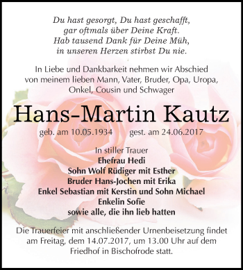 Traueranzeige von Hans-Martin Kautz von Wochenspiegel Mansfelder Land
