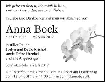 Traueranzeige von Anna Bock von Super Sonntag SGH Mansf. Land