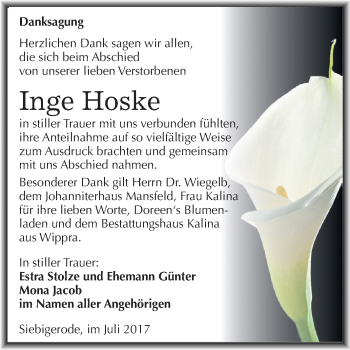 Traueranzeige von Inge Hoske von Super Sonntag SGH Mansf. Land