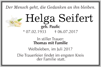 Traueranzeige von Helga Seifert von Super Sonntag SGH Mansf. Land