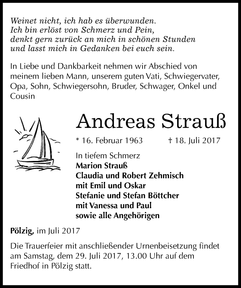  Traueranzeige für Andreas Strauß vom 22.07.2017 aus Mitteldeutsche Zeitung Zeitz