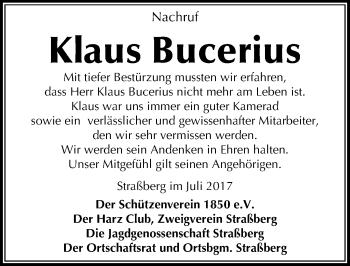 Traueranzeige von Klaus Bucerius von Mitteldeutsche Zeitung Quedlinburg