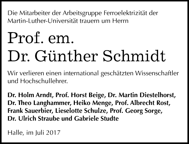  Traueranzeige für Günther Schmidt vom 12.07.2017 aus Mitteldeutsche Zeitung Halle/Saalkreis