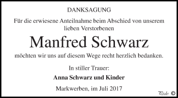 Traueranzeige von Manfred Schwarz von WVG - Wochenspiegel NMB / WSF / ZTZ