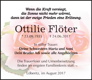 Traueranzeige von Ottilie Flöter von Mitteldeutsche Zeitung Bitterfeld
