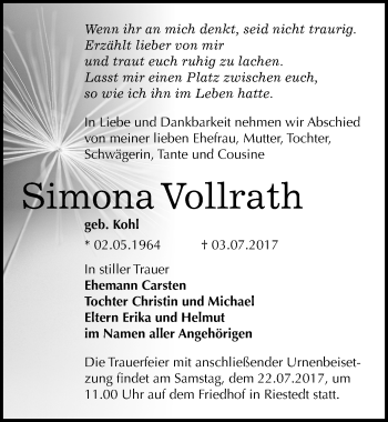 Traueranzeige von Simona Vollrath von Mitteldeutsche Zeitung Sangerhausen