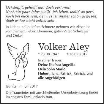 Traueranzeige von Volker Aley von WVG - Wochenspiegel Bitterfeld