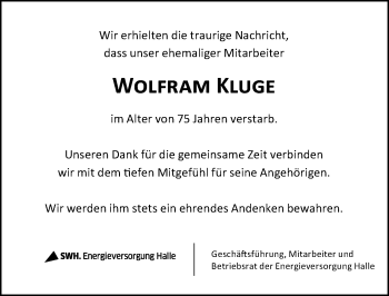 Traueranzeige von Wolfram Kluge von Mitteldeutsche Zeitung Halle/Saalkreis