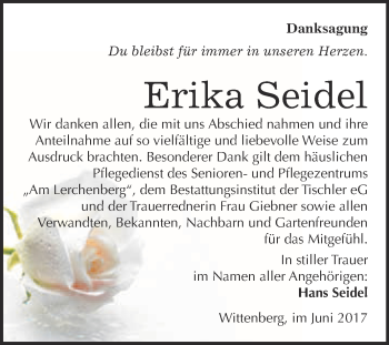 Traueranzeige von Erika Seidel von WVG - Wochenspiegel Wittenberg